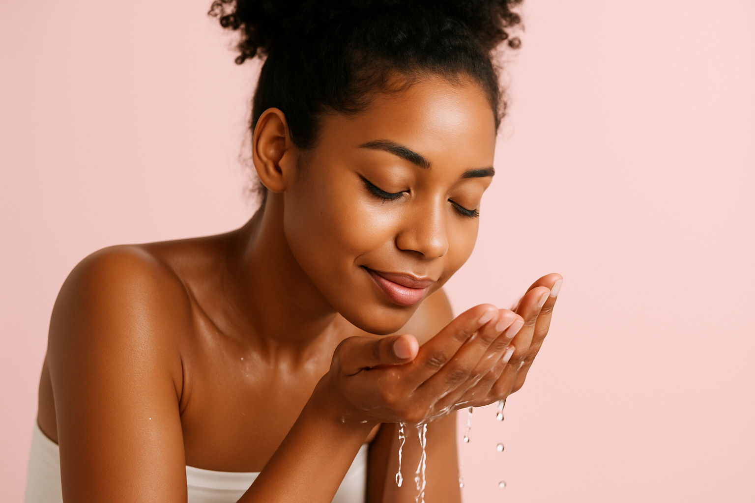 Brown skin woman washing her face with pink background
